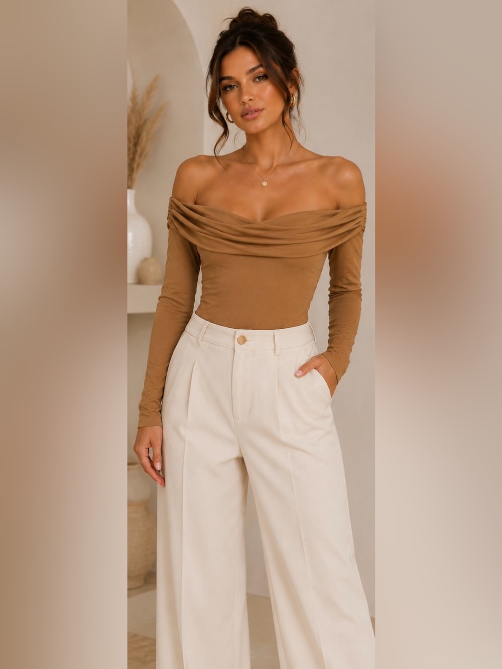 AFRM Camel Off Shoulder Draped Bodysuit XL Double Lined Soft Stretch NWT